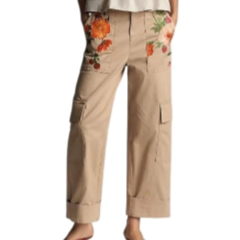 Anthropologie Floral Embroidered Cargo Pants Khaki Beige Size S